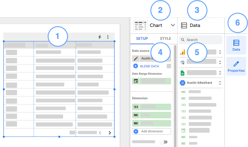 Looker Studio report editor with the properties and data panels visible.