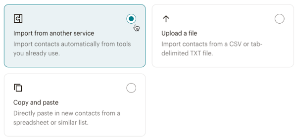 Mailchimp import workflow showing the service selection screen.