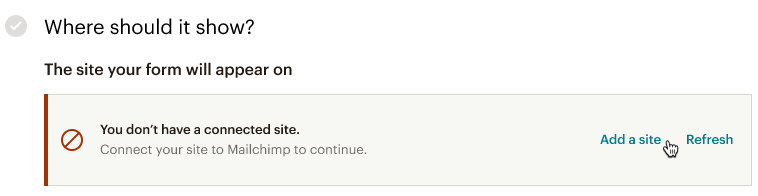 Mailchimp popup form workflow showing the Add site step.