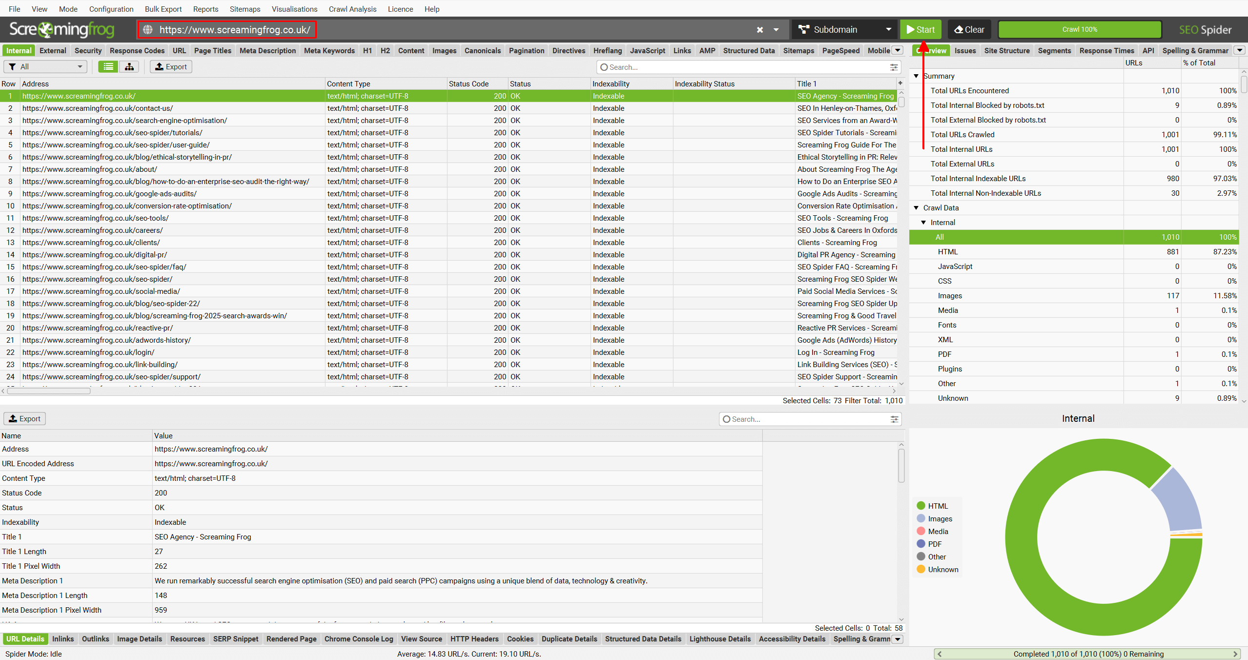 Screaming Frog SEO Spider showing the URL input used to start a crawl.