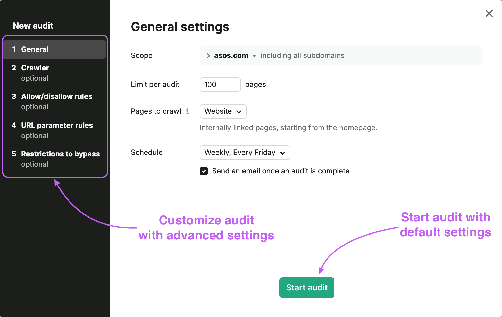 Semrush Site Audit setup wizard.